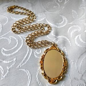 Vintage Mirror Ornate Brass Frame Pendant Gold Plated Necklace